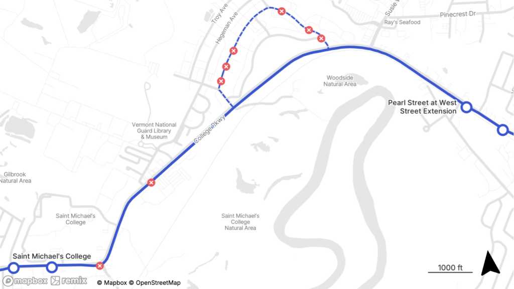 Map showing a transit route from Saint Michael's College to Pearl Street at West Street Extension with red x marked stops nearby