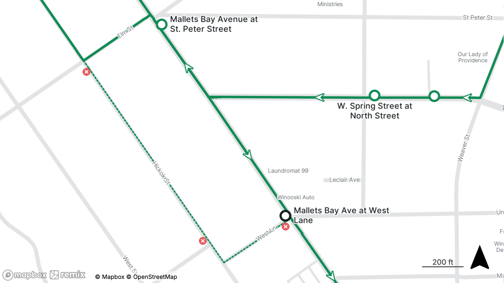 Map showing bus route with stops at Mallets Bay Avenue and W. Spring Street, including directional arrows and street names.