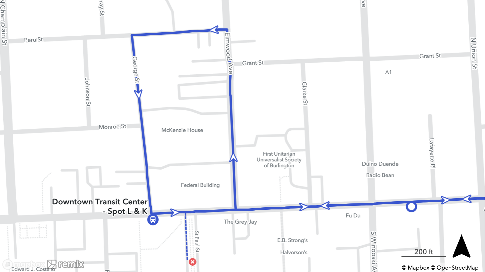 Map showing a temporary Essex route detour in downtown Burlington for May 24. The detour route loops around George Street, Elmwood Avenue, and Pearl Street near the Downtown Transit Center.