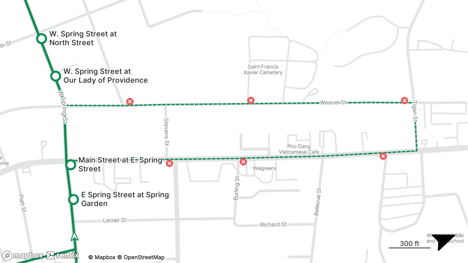 Map showing a green transit route with stops at W. Spring Street, Main Street, and E Spring Street. 

