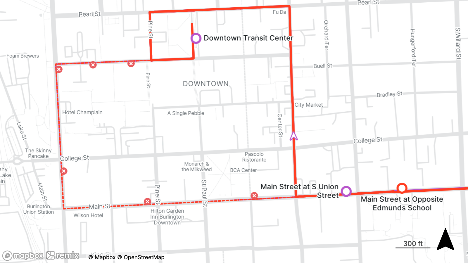 Map showing a transit route looping through downtown with stops at Downtown Transit Center, Main Street at S Union Street, and Main Street at Opposite Edmunds School.
