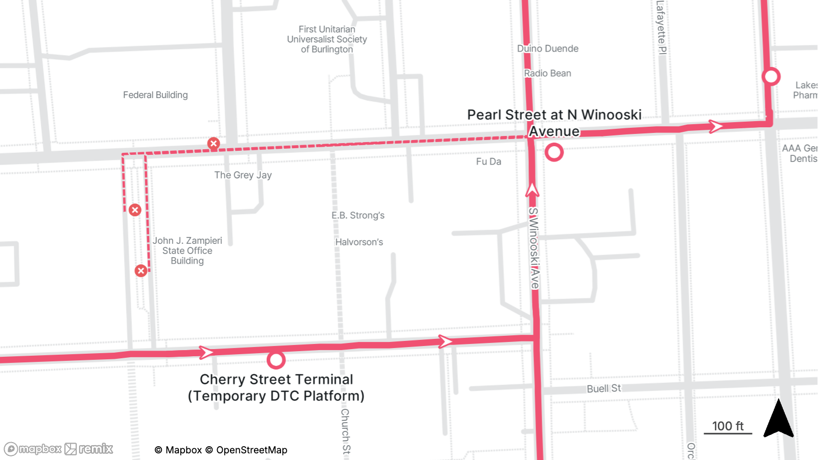 Map showing transit route from Cherry Street Terminal to Pearl Street at N Winooski Avenue with marked stops and directional arrows.