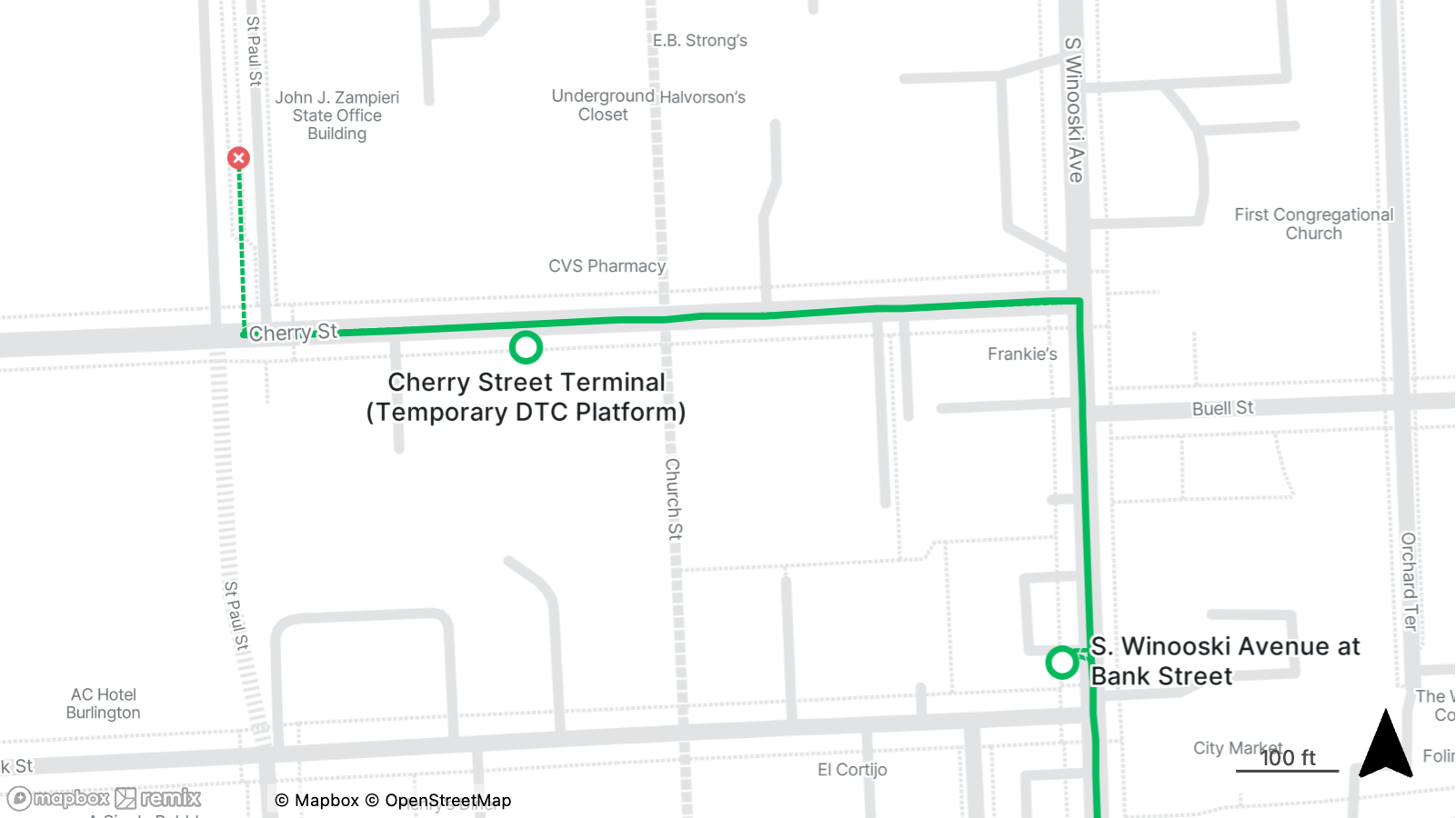 Map showing the Cherry Street Terminal and S. Winooski Avenue at Bank Street transit stops connected by a green route line.