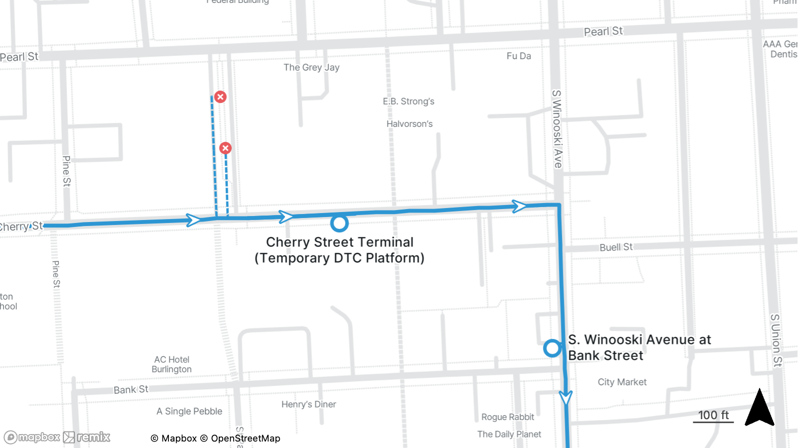 Map showing a transit route from Cherry Street Terminal to S. Winooski Avenue at Bank Street with directional arrows.