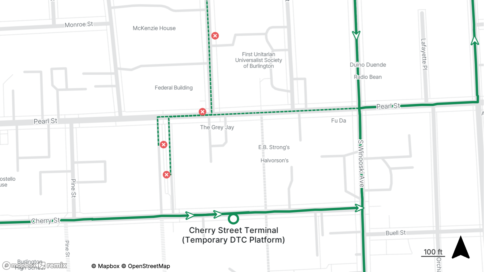 Detailed map of Cherry Street Terminal area with transit routes and street names such as Pearl St and Maplewood Ave.