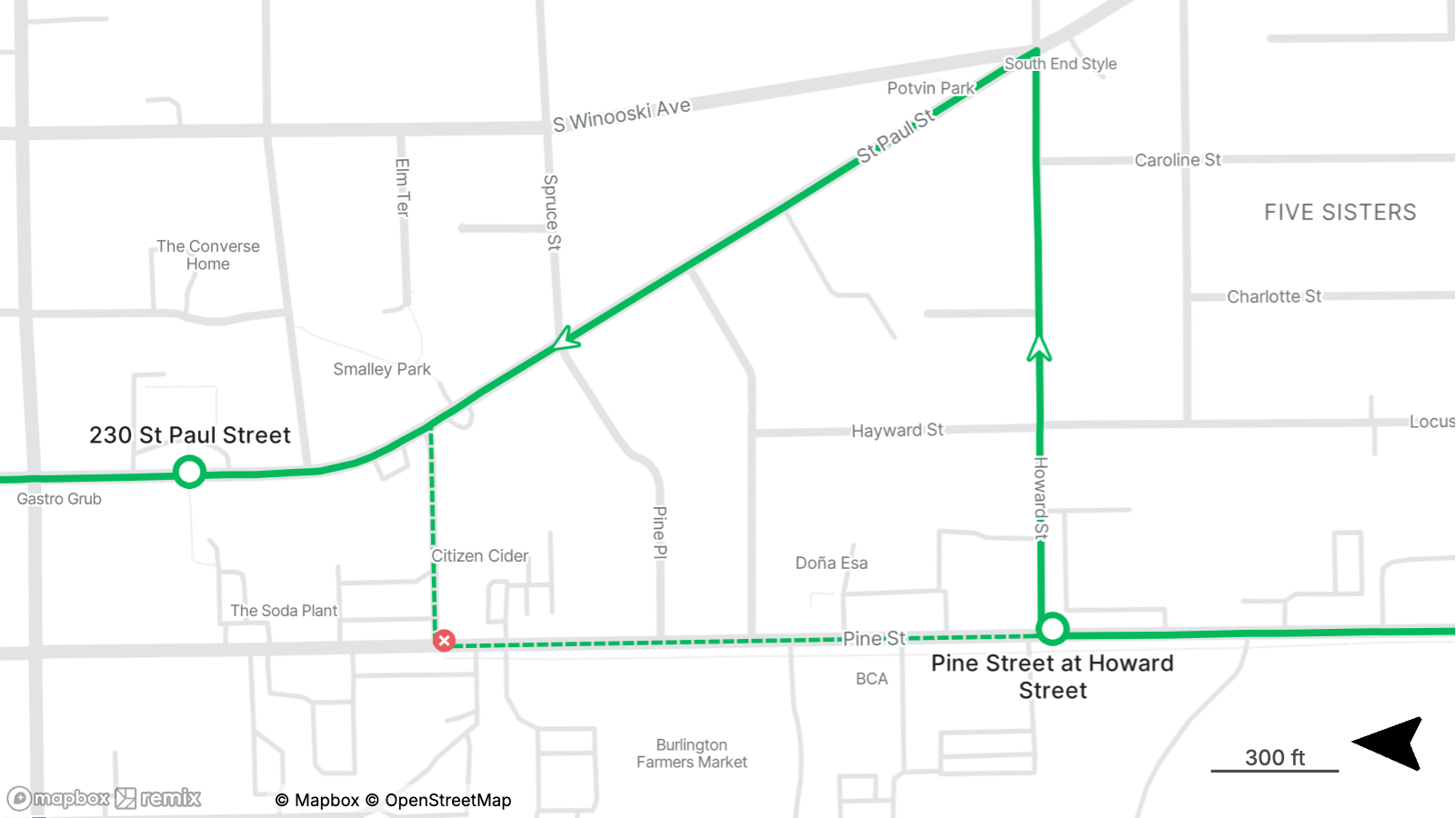 Map showing a route from Pine Street at Howard Street to 230 Saint Paul Street with green lines and arrows indicating direction.