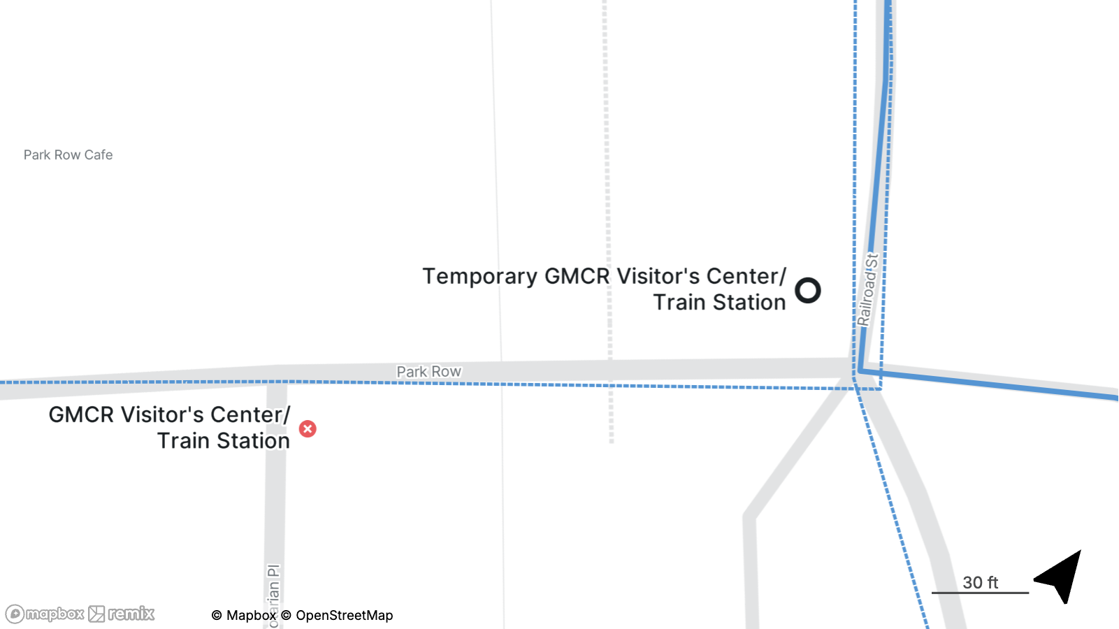 Map showing the location of the Temporary GMCR Visitor's Center and Train Station near Park Row and South Street.