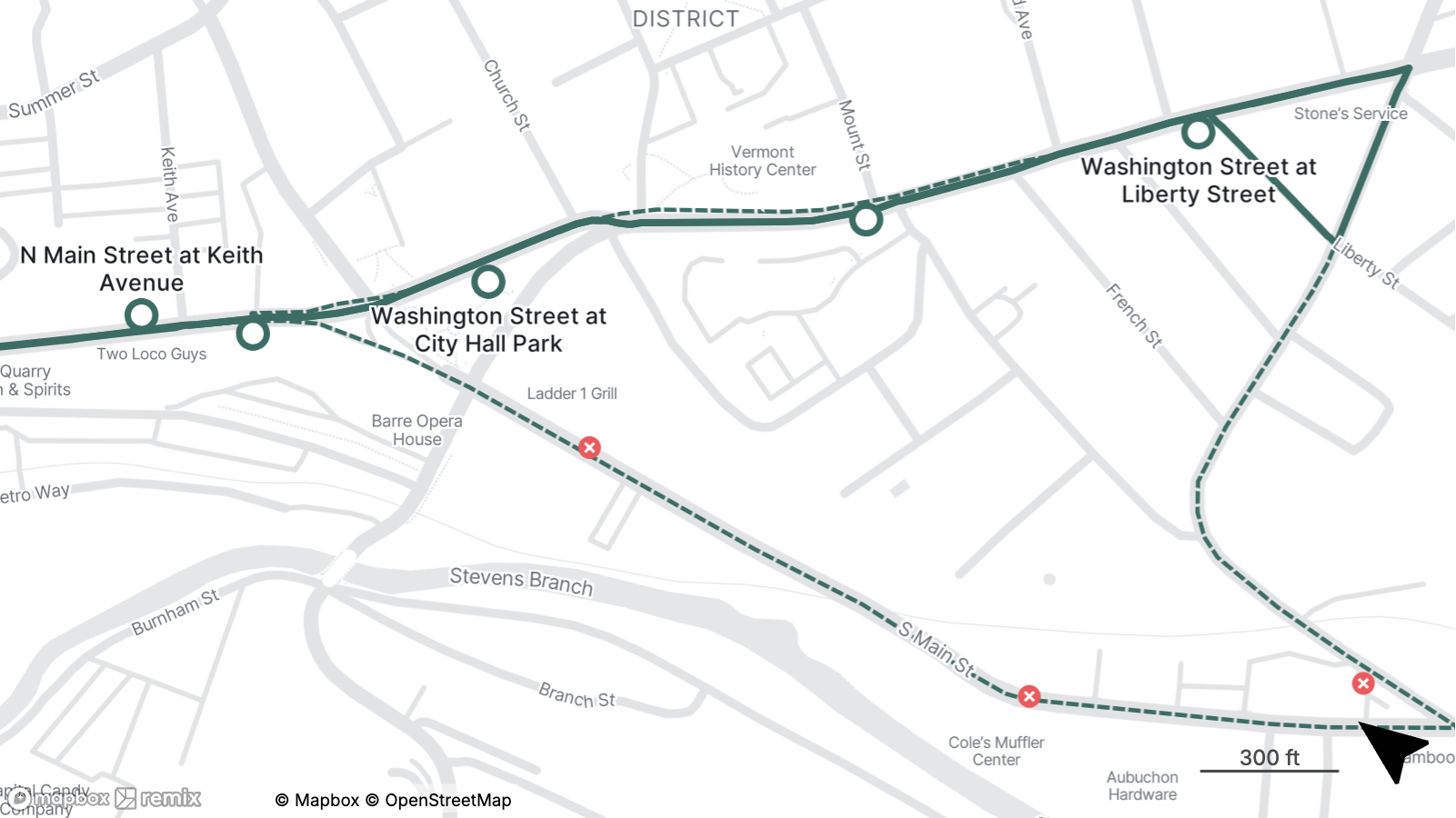 Route map illustrating stops along Washington Street including City Hall Park and Liberty Street intersections in a downtown district.