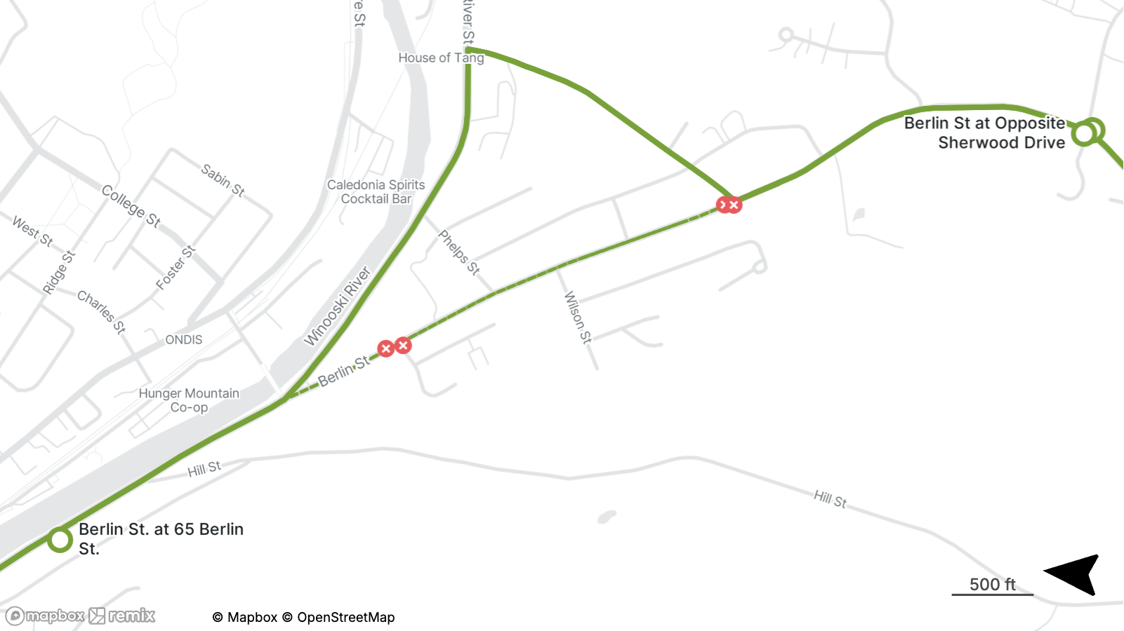 Map showing a route from Berlin St. at 65 Berlin St. to Berlin St. at Opposite Sherwood Drive with two marked road closures.