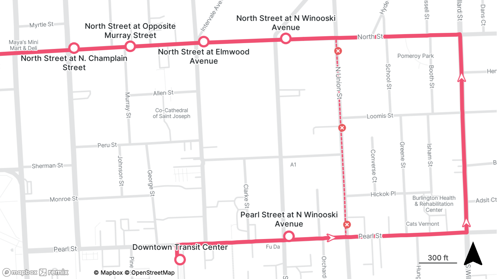 Map showing a bus route looping through North Street, Pearl Street, and surrounding avenues in a city grid.