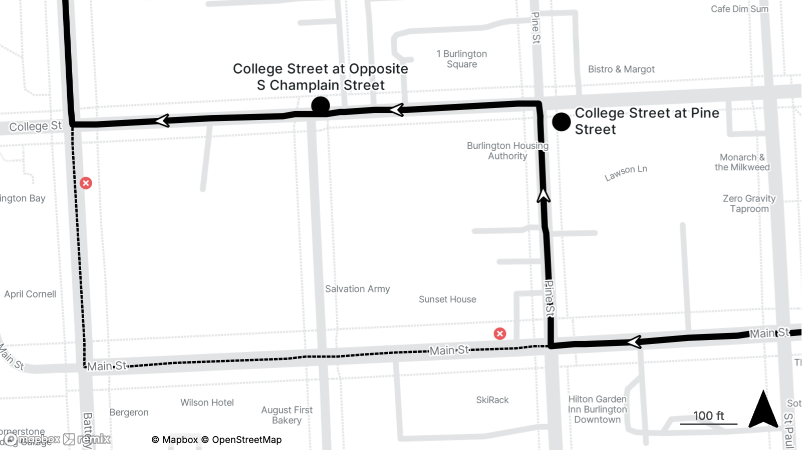 Map showing a route from Main Street to Battery Street with temporary stops on College Street at Pine Street and College Street at opposite South Champlain Street with directional arrows.