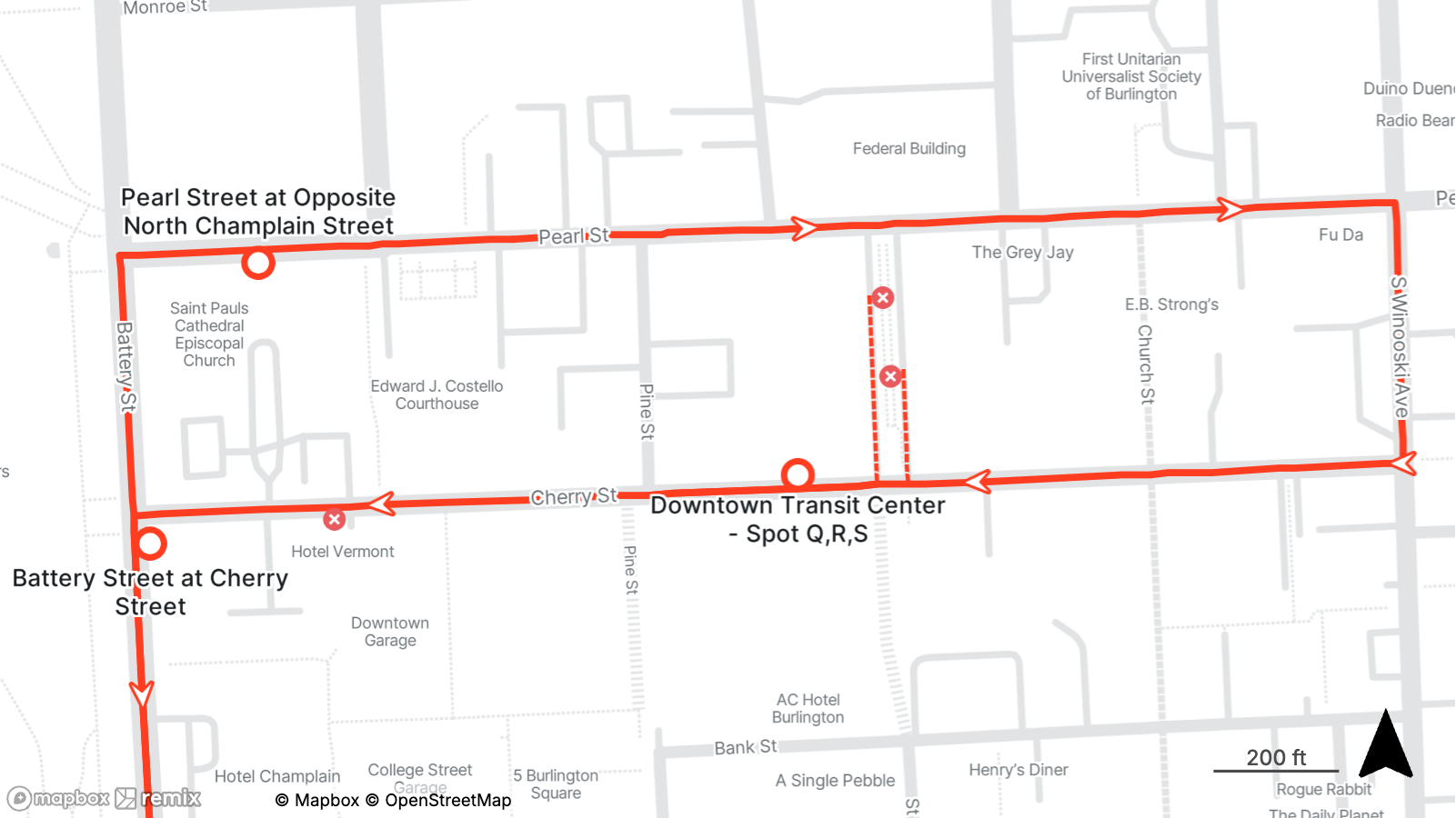 Map showing a transit route looping through Pearl Street, Cherry Street, and South Winooski Avenue in downtown Burlington with a stop at Downtown Transit Center - Spot Q,R,S