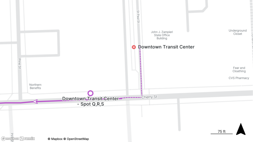 Map showing Downtown Transit Center near Cherry St with bus spots Q, R, and S marked along the route.