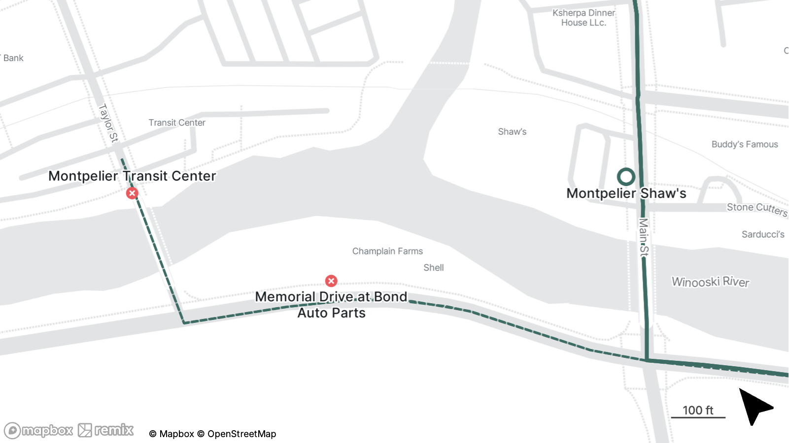 Map showing a temporary transit detour near Montpelier Transit Center and Montpelier Shaw’s. The route bypasses the stop at Montpelier Transit Center and Memorial Drive at Bond Auto Parts. Red X symbols mark closed or impacted stops.