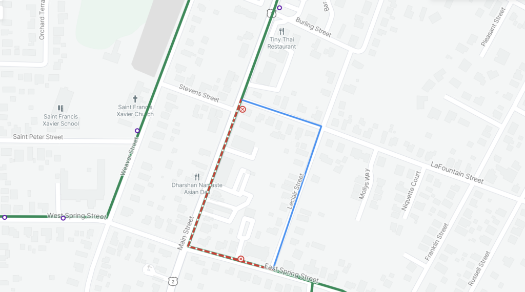 Map showing a route from East Spring Street to Main Street with highlighted paths and nearby landmarks like Saint Francis Xavier School.