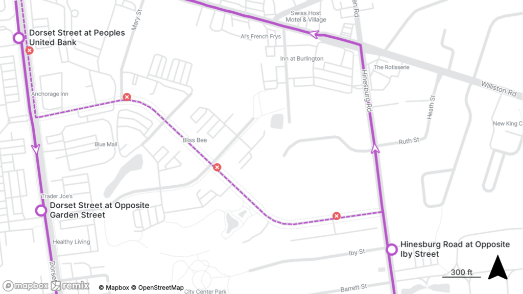 Map showing a route from Dorset Street at People United Bank to Hinesburg Road at Opposite Iby Street with marked intersections and landmarks.