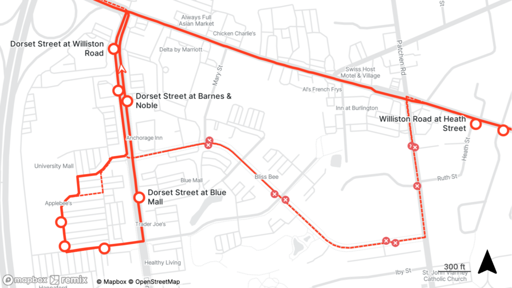 Map showing transit routes along Dorset Street and Williston Road with stops at Barnes & Noble, Blue Mall, and Heath Street.