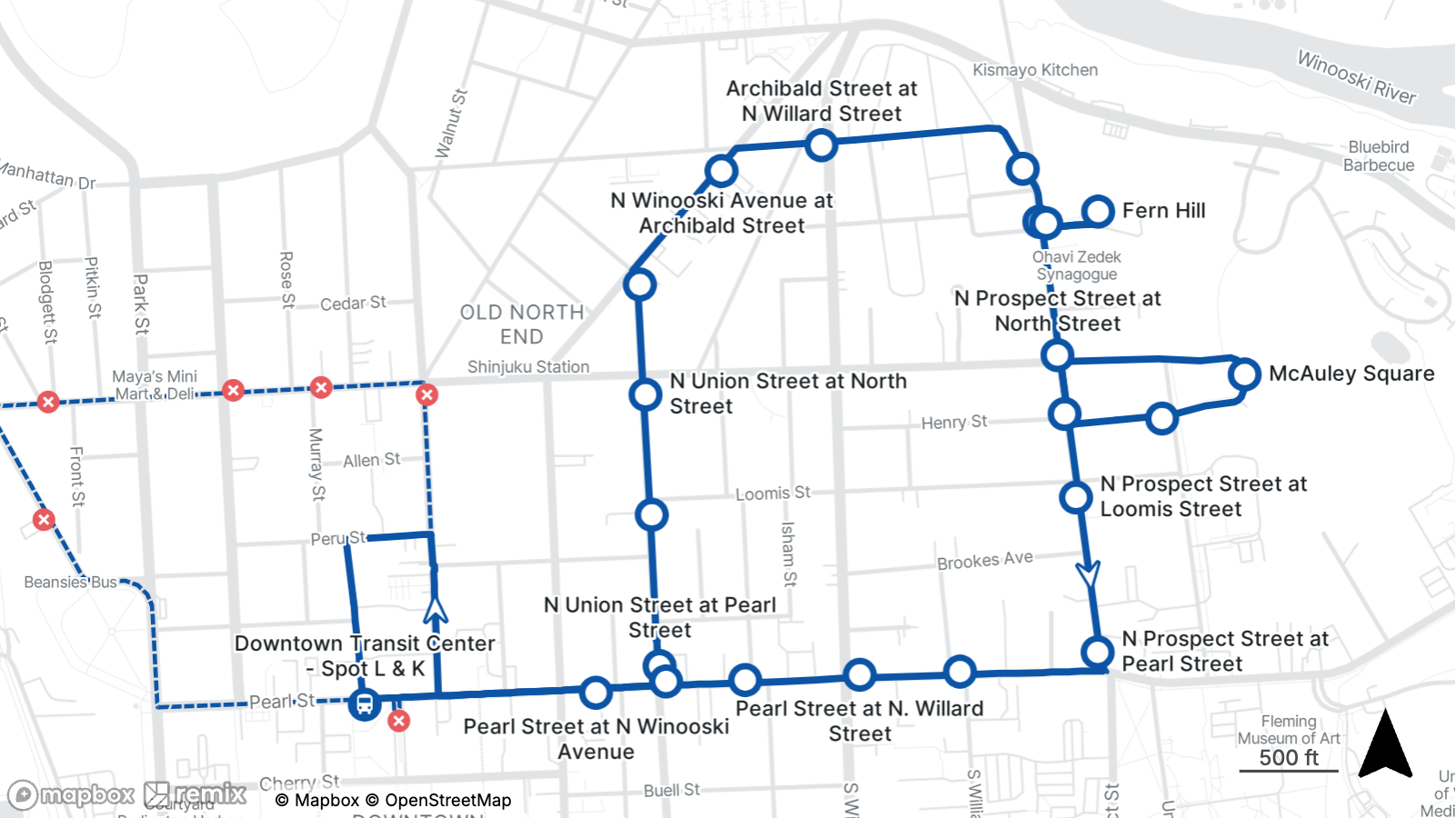 Map showing a temporary North End Circulator transit detour in Burlington for May 24. The detour route travels through the Old North End and North Prospect Street areas, connecting stops at Spots L&K at the Downtown Transit Center, Pearl Street at North Winooski Avenue, North Union Street at Pearl Street, North Union Street at North Street, North Winooski Avenue at Archibald Street, Archibald Street at North Willard Street, North Prospect Street at North Street, North Prospect Street at Loomis Street, Fern Hill, and McAuley Square. Red X symbols mark closed or impacted stops along the regular route.