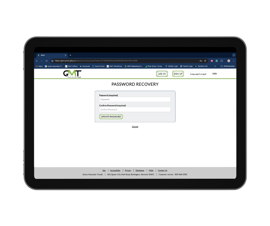 Create new password form with Update Password button