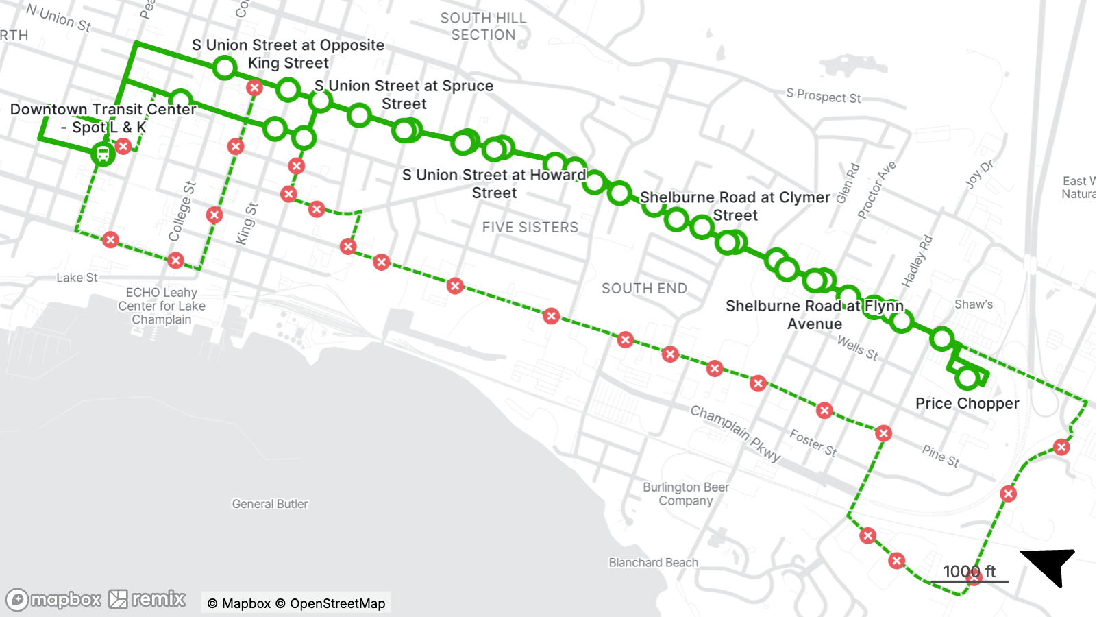 Map showing a temporary South End Circulator transit detour in Burlington for May 24. The detour route travels from Spots L &K at the Downtown Transit Center through South Union Street and Shelburne Road, serving stops at South Union Street at Opposite King Street, South Union Street at Spruce Street, South Union Street at Howard Street, Shelburne Road at Clymer Street, Shelburne Road at Flynn Avenue, and Price Chopper. Red X symbols mark closed or impacted stops along the regular route.