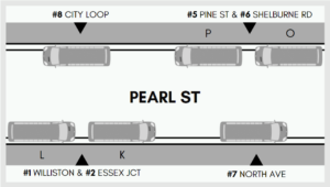 A map showing what buses board are boarding where during the Vermont City Marathon