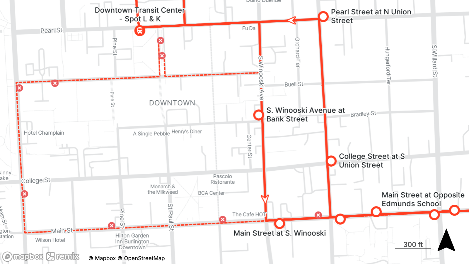 Map showing a temporary transit detour in downtown Burlington for the May 24 marathon. The detour route travels along Pearl Street, South Winooski Avenue, South Union Street, College Street, and Main Street, connecting stops at Downtown Transit Center, Pearl Street at North Union Street, South Winooski Avenue at Bank Street, College Street at South Union Street, Main Street at South Winooski, and Main Street at Opposite Edmunds School. Red X symbols mark closed or impacted stops along the regular route.